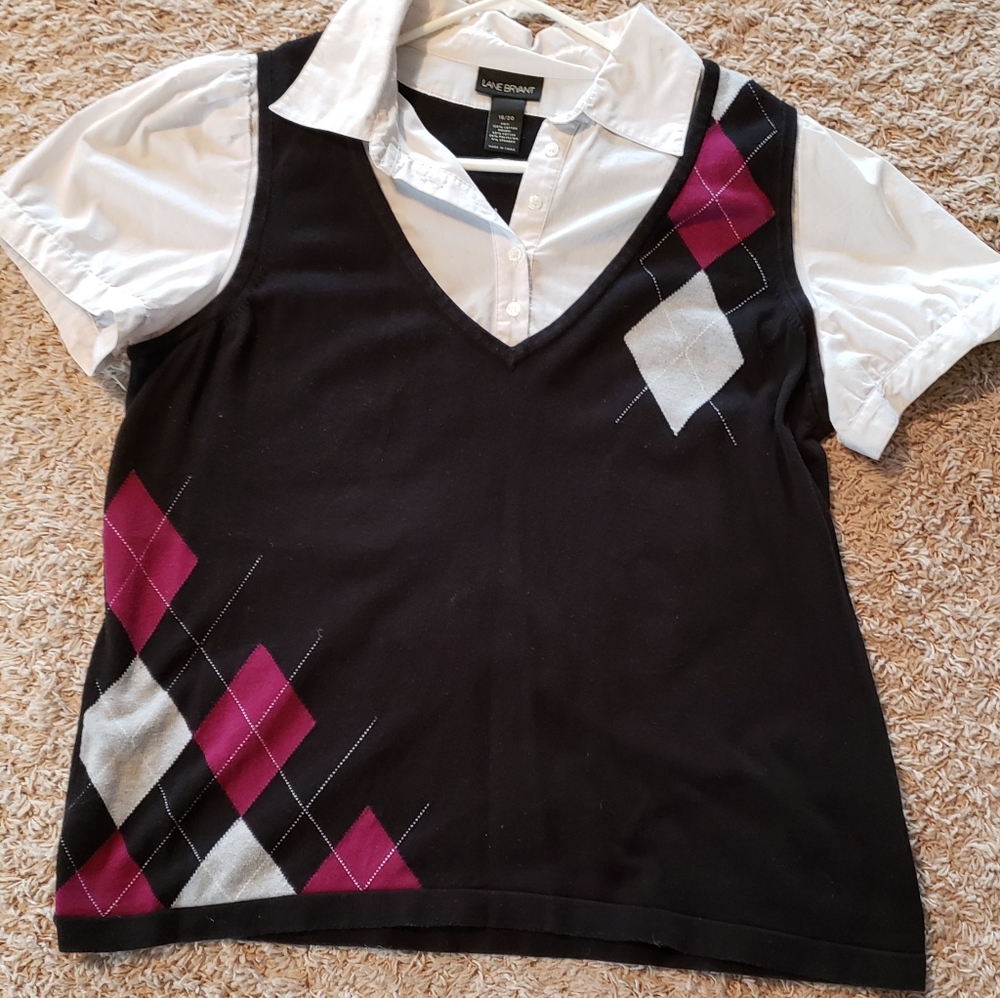Lane Bryant Argyle sweater vest shirt burgundy, gray, and black